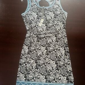 Max Studio Black and White Floral Dress with Blue Trim
